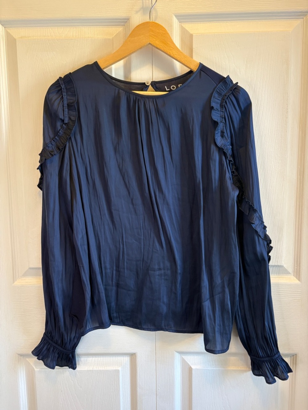 LOFT Navy Ruffle-Trim Long Sleeve Blouse